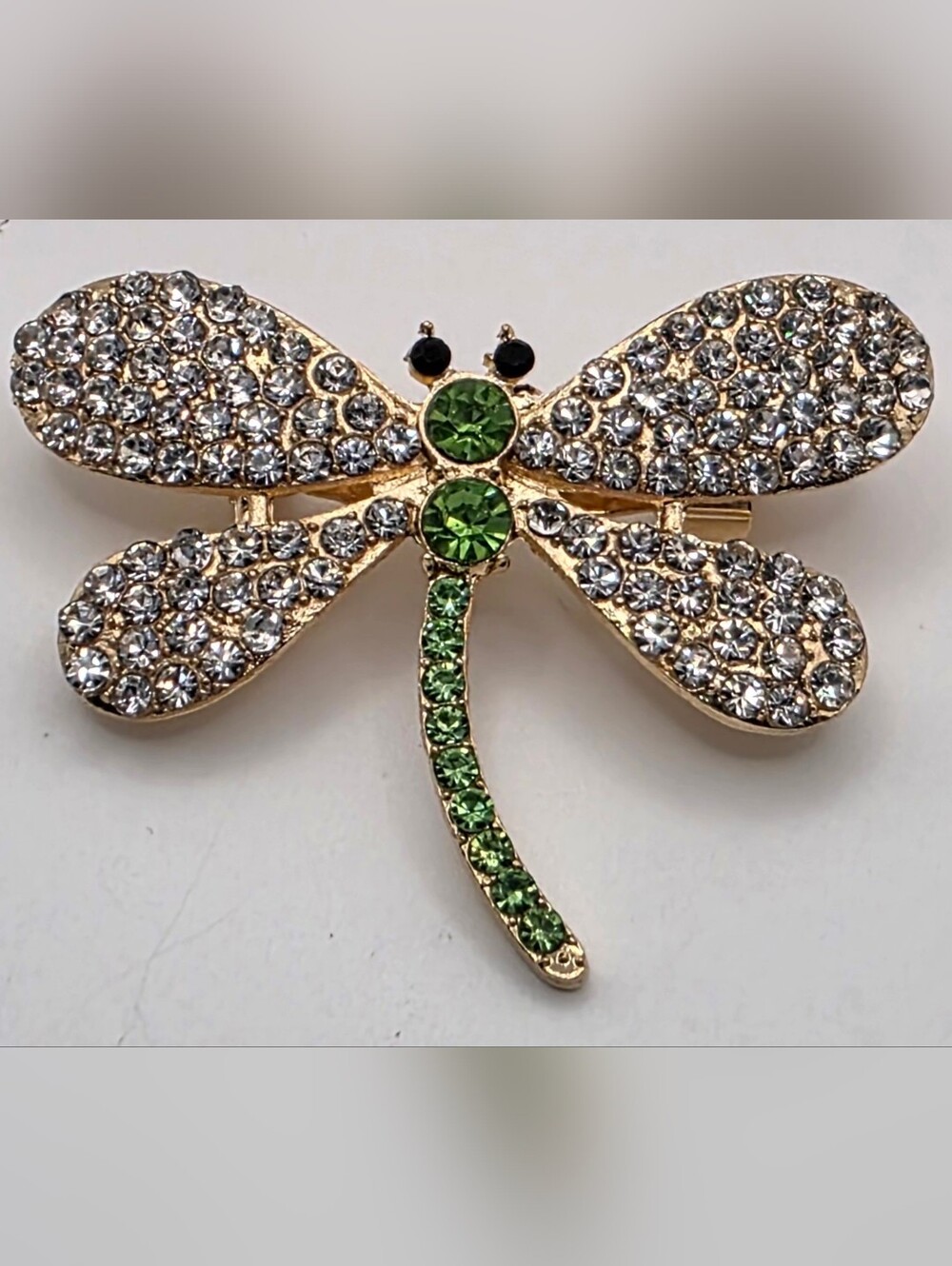 ✨ Green Rhinestone Dragonfly Brooch Gold Tone Crystal Pin ✨